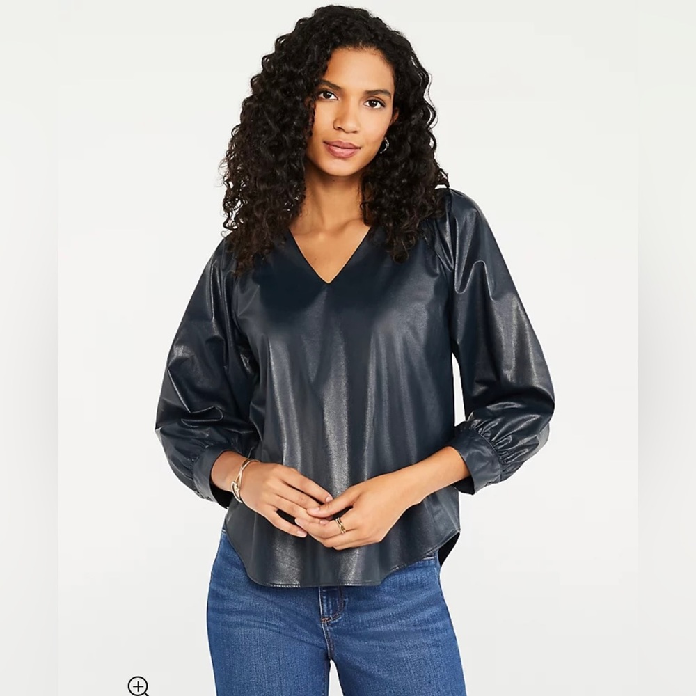 NWT Ann Taylor faux leather navy blue top size medium